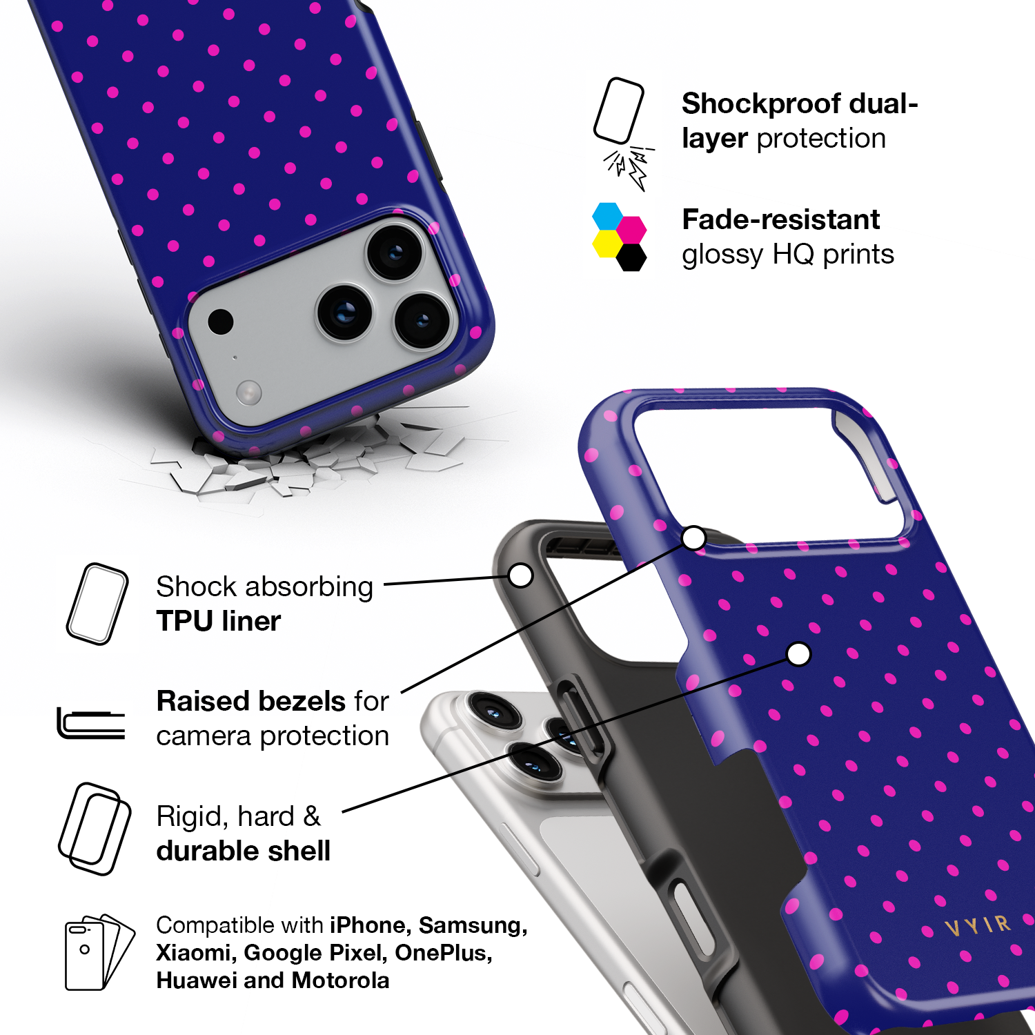 Tiny Polka Dots, Midnight Pink - Shockproof Phone Case