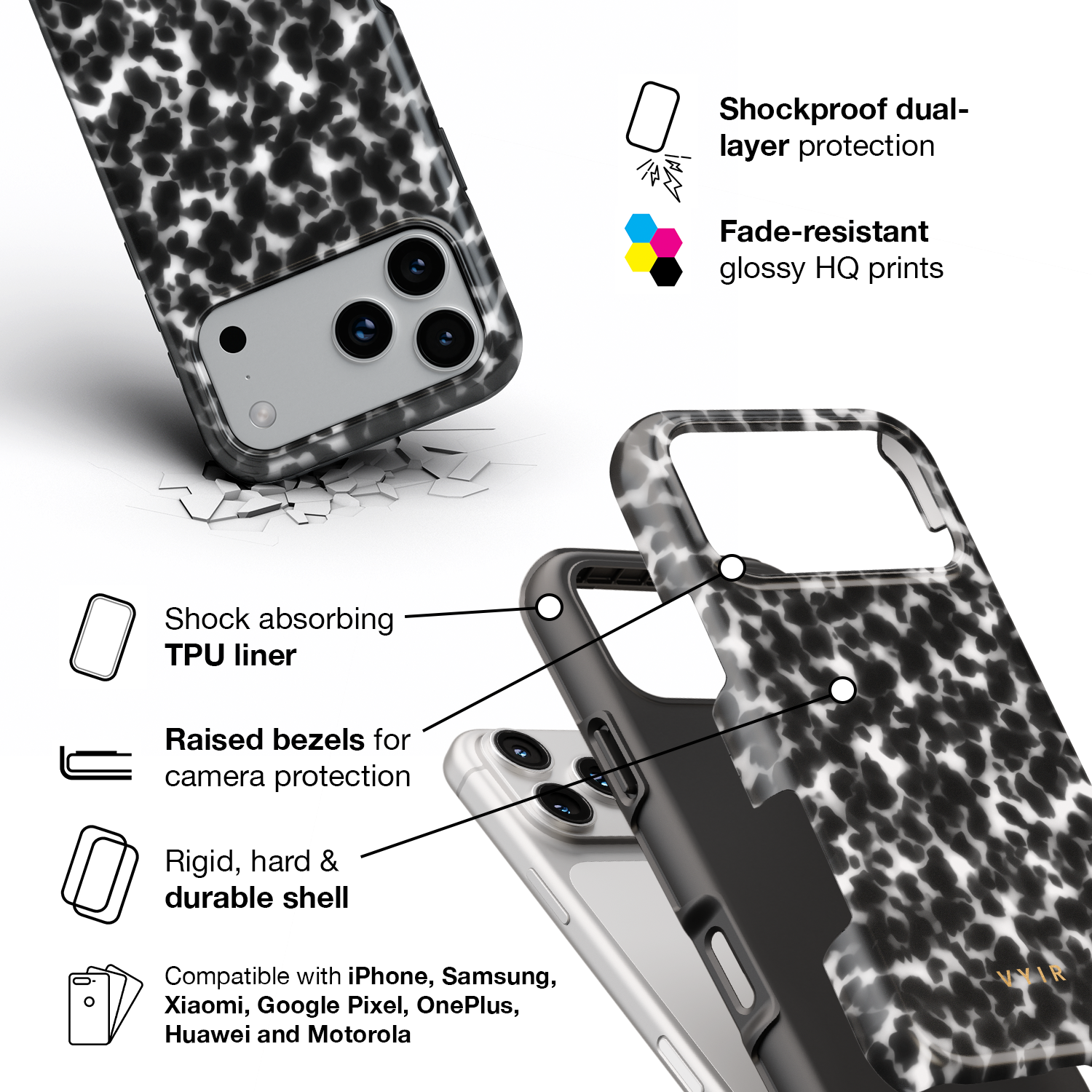 Tortoiseshell, Black and White - Shockproof Phone Case