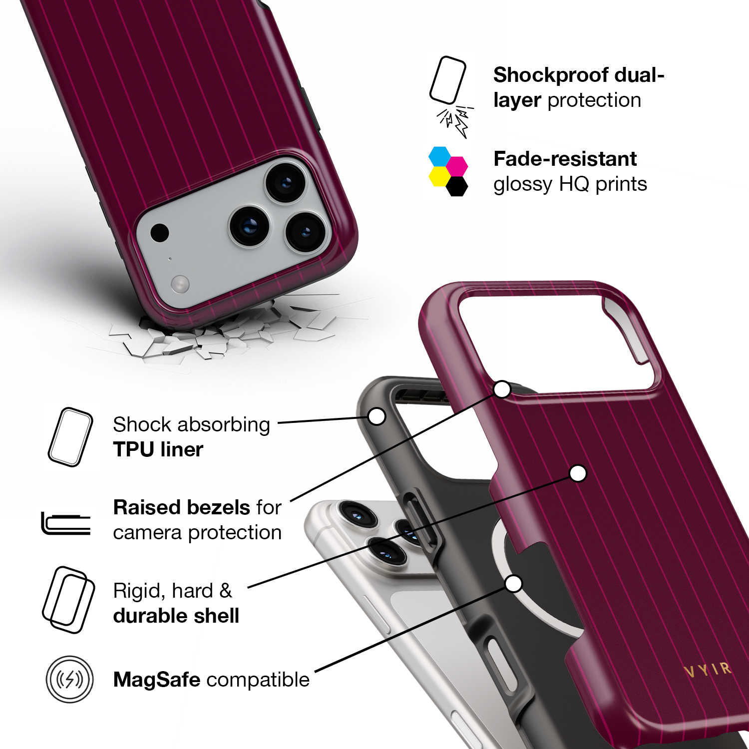Vertical Stripes, Merlot - Shockproof MagSafe iPhone Case