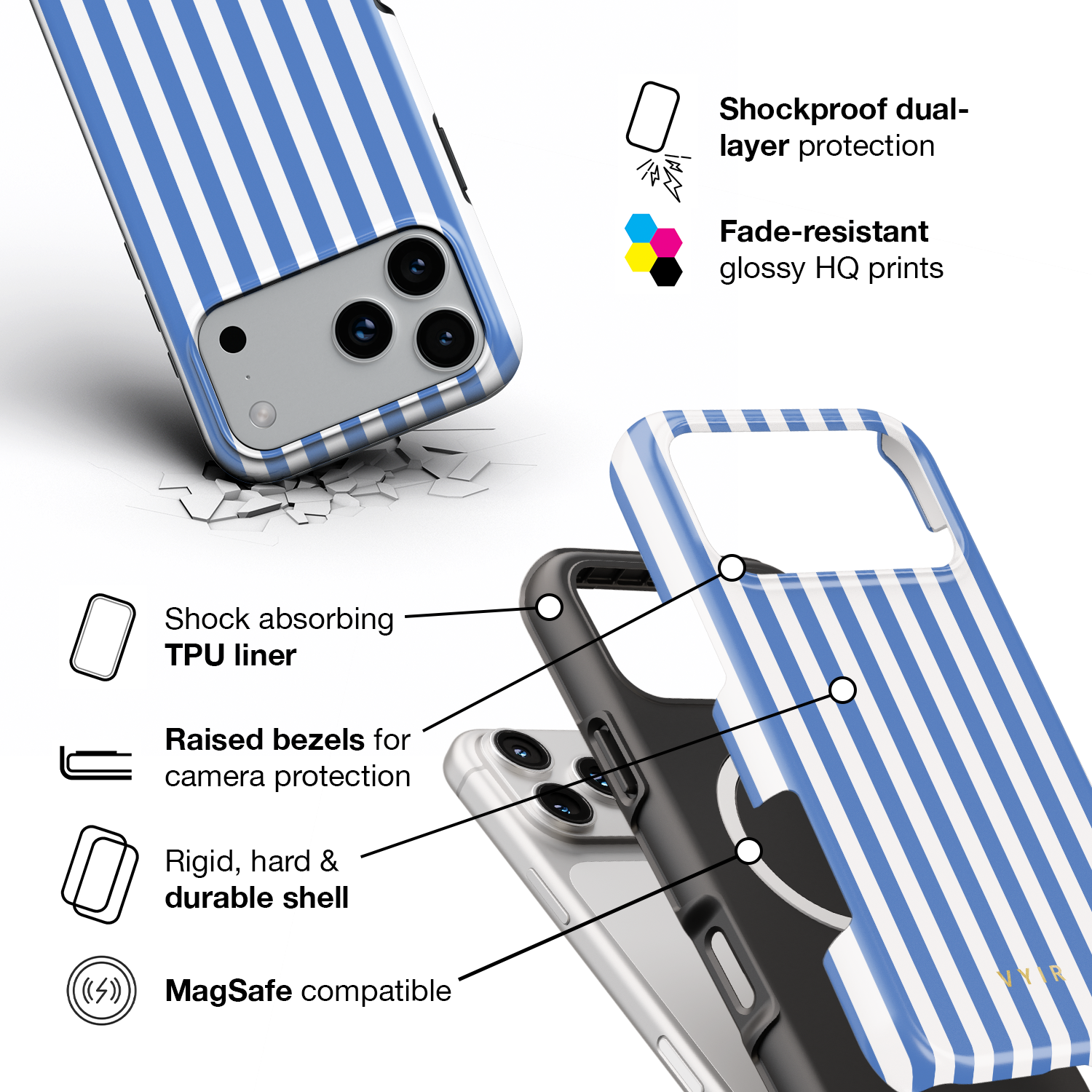 Vertical Stripes, Parisian Blue - Shockproof MagSafe iPhone Case