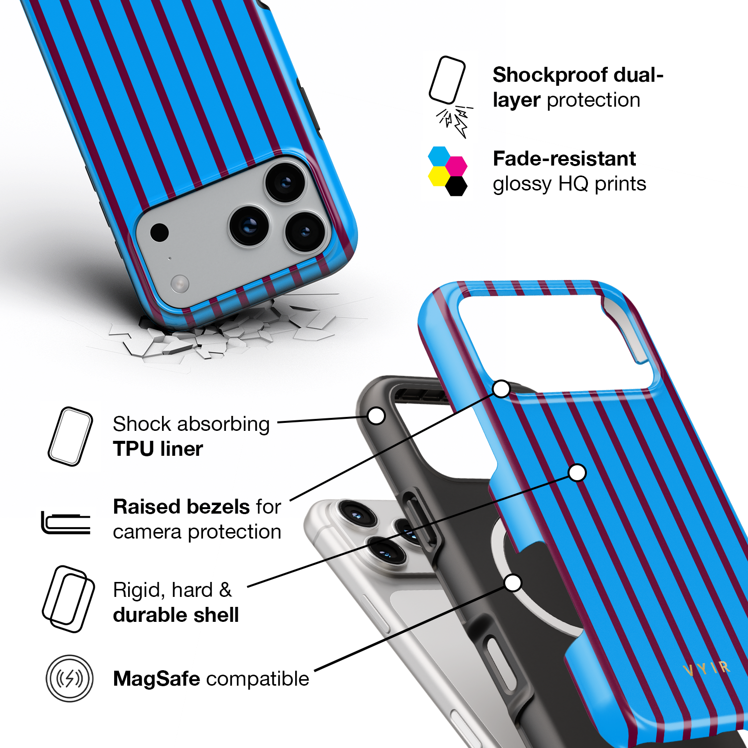 Vertical Stripes, Track Blue - Shockproof MagSafe iPhone Case