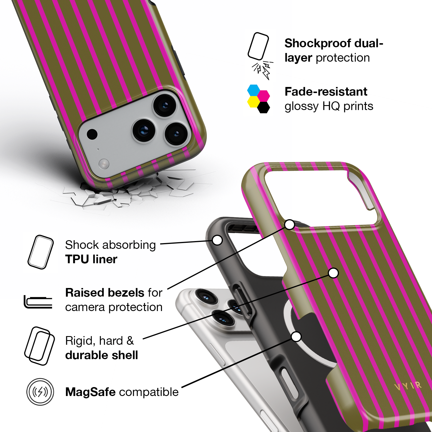 Vertical Stripes, Urban Olive - Shockproof MagSafe iPhone Case