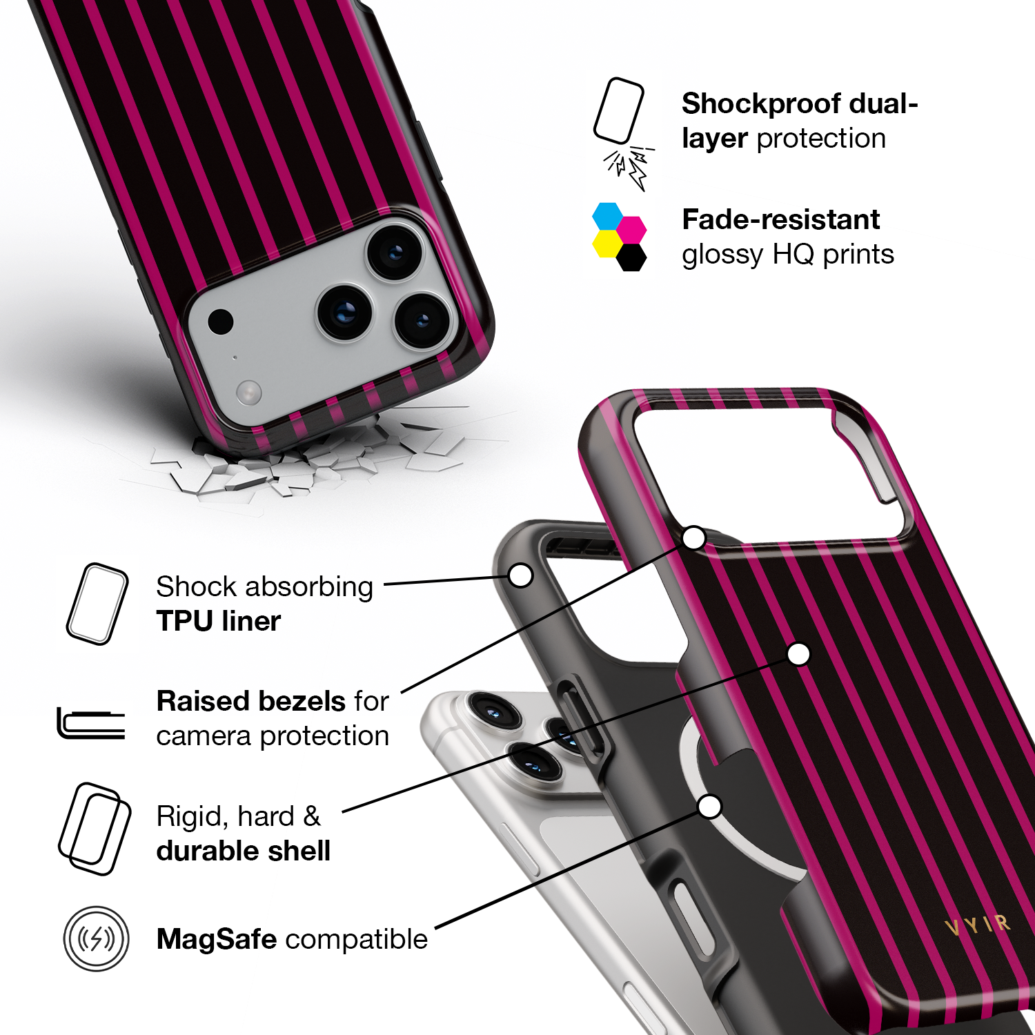 Vertical Stripes, Wine Red - Shockproof MagSafe iPhone Case