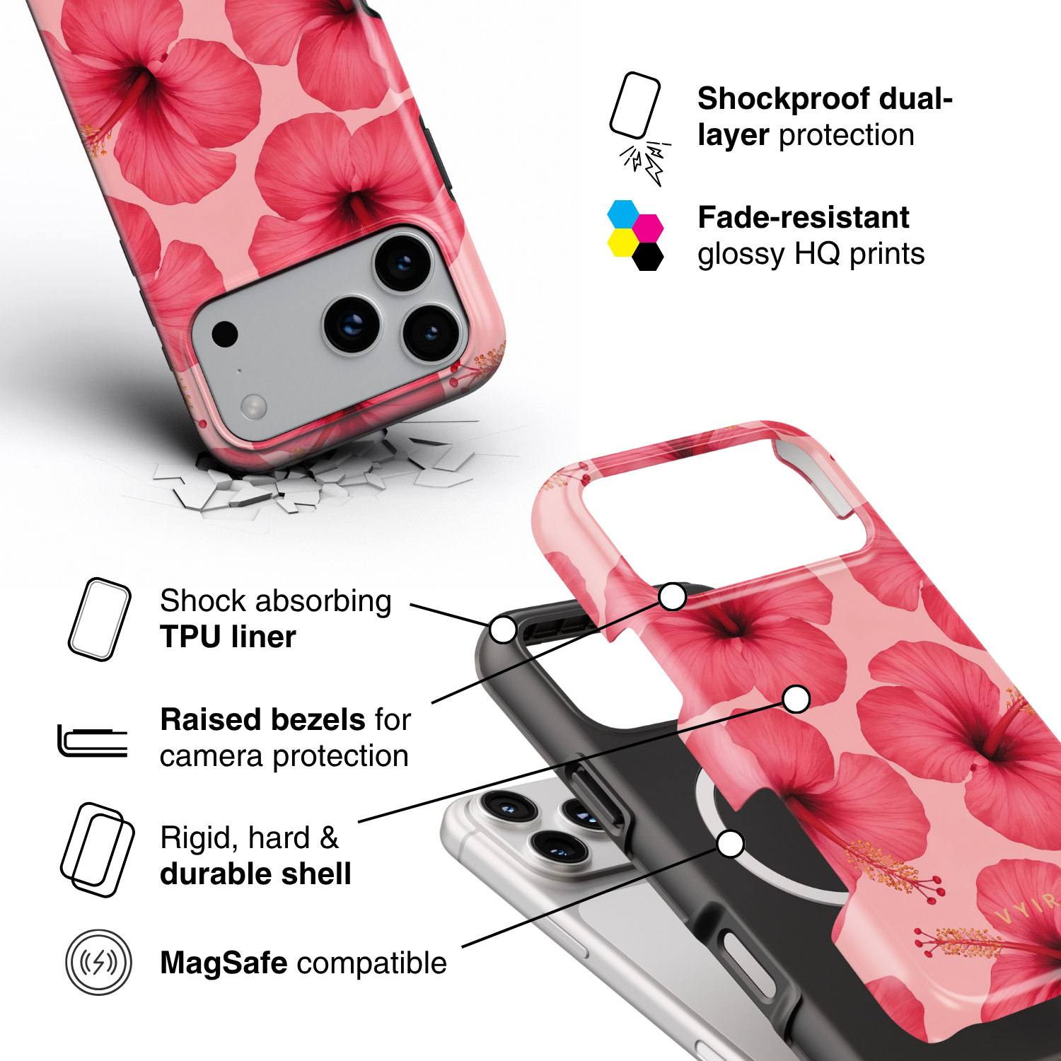 Pink Hibiscus Glow - Shockproof MagSafe iPhone Case
