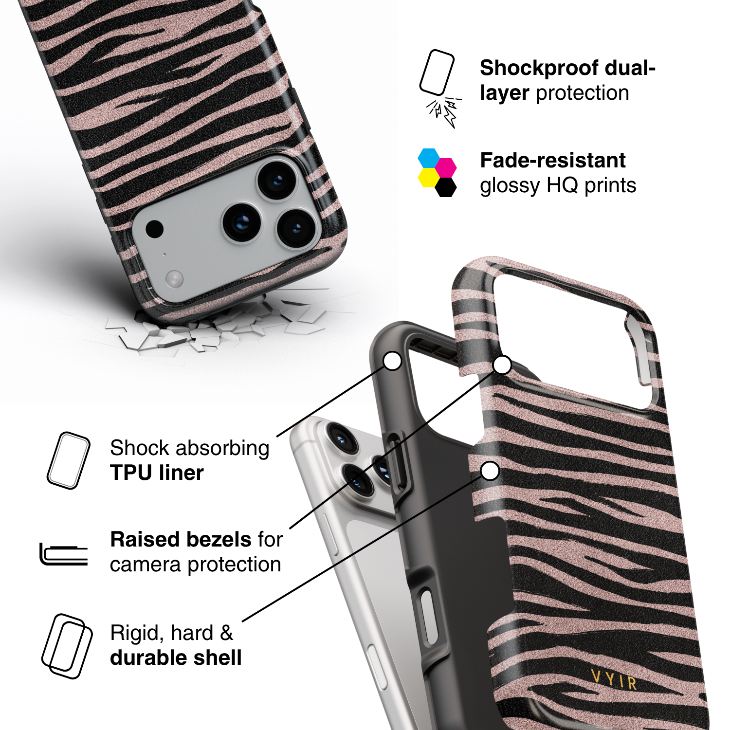 Zebra Gleam Rose Gold - Shockproof Phone Case