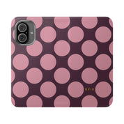 iPhone 16 Vegan Leather Wallet Case – Pink Plum Polka Dot Design - VYIR