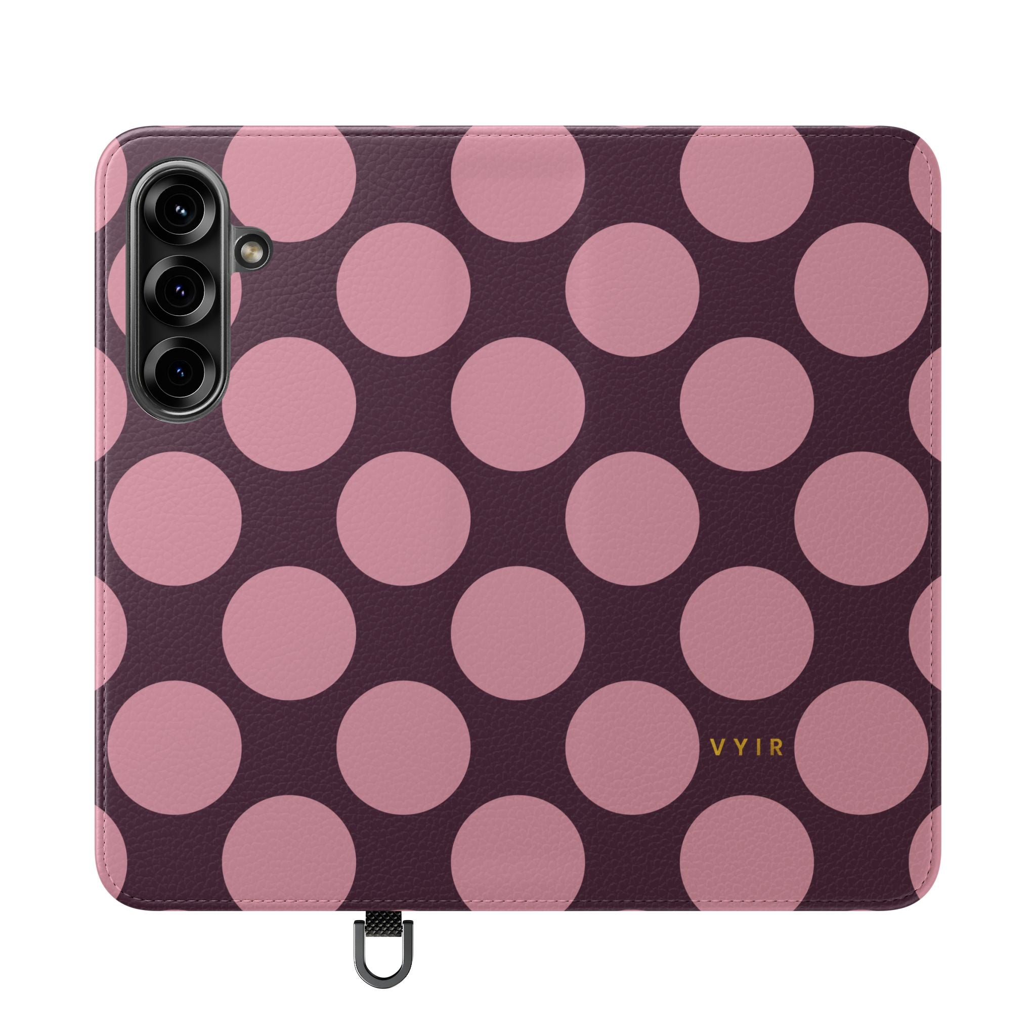 Samsung Galaxy S25 Vegan Leather Wallet Case – Pink Plum Polka Dot Design - VYIR