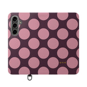 Samsung Galaxy S24 Vegan Leather Wallet Case – Pink Plum Polka Dot Design - VYIR