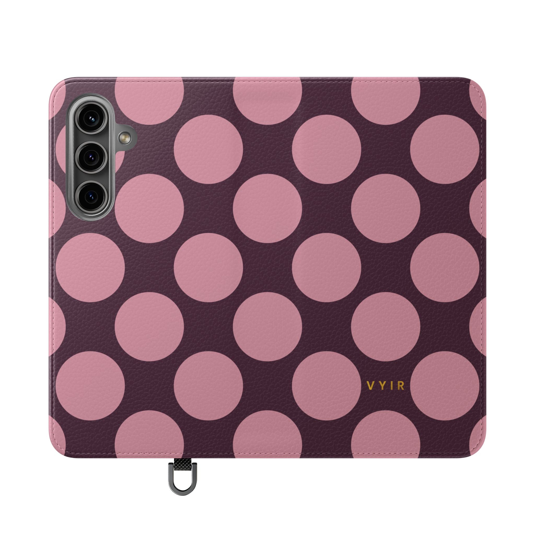 Samsung Galaxy S24 Vegan Leather Wallet Case – Pink Plum Polka Dot Design - VYIR