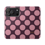 iPhone 17 Pro Vegan Leather Wallet Case – Pink Plum Polka Dot Design - VYIR
