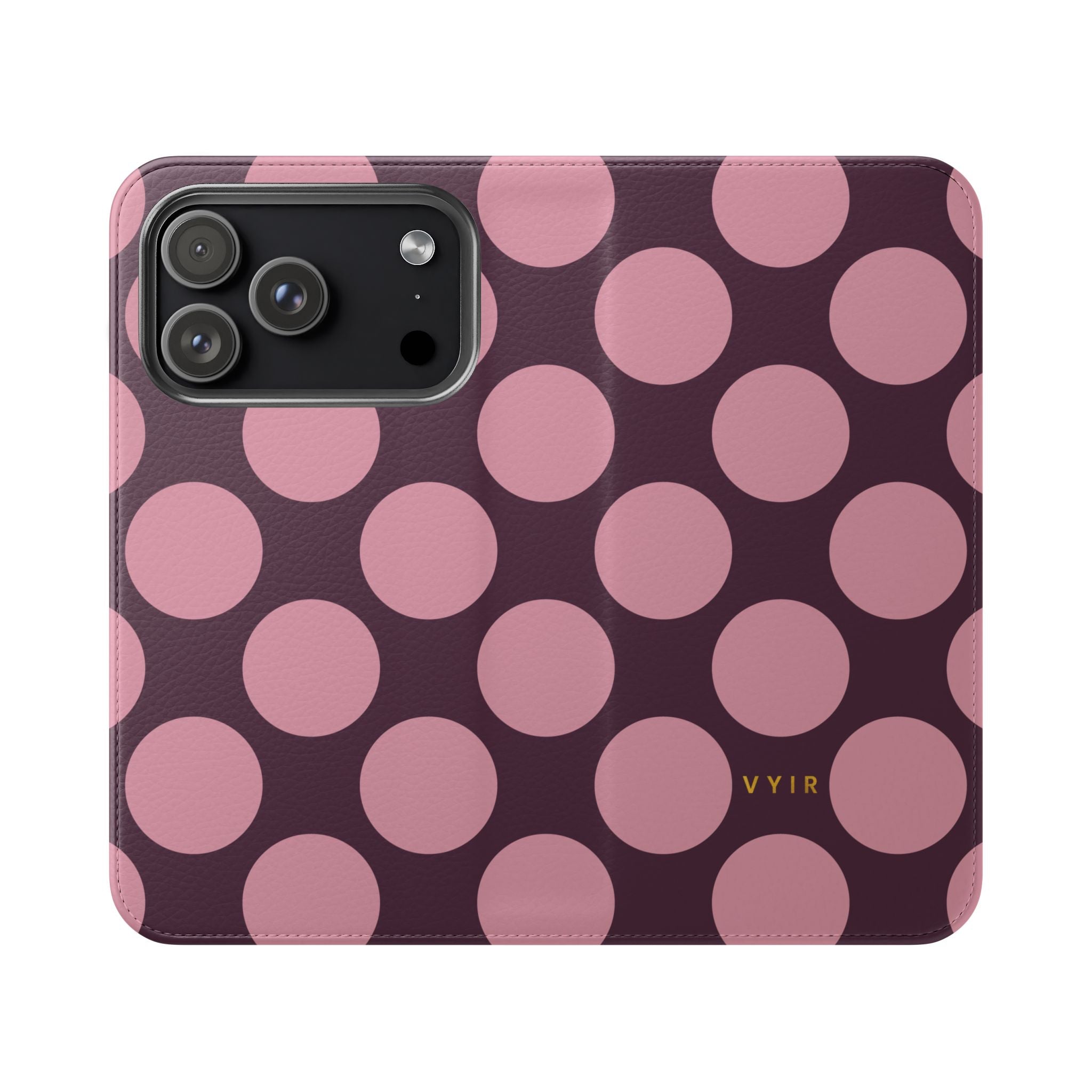 iPhone 17 Pro Vegan Leather Wallet Case – Pink Plum Polka Dot Design - VYIR