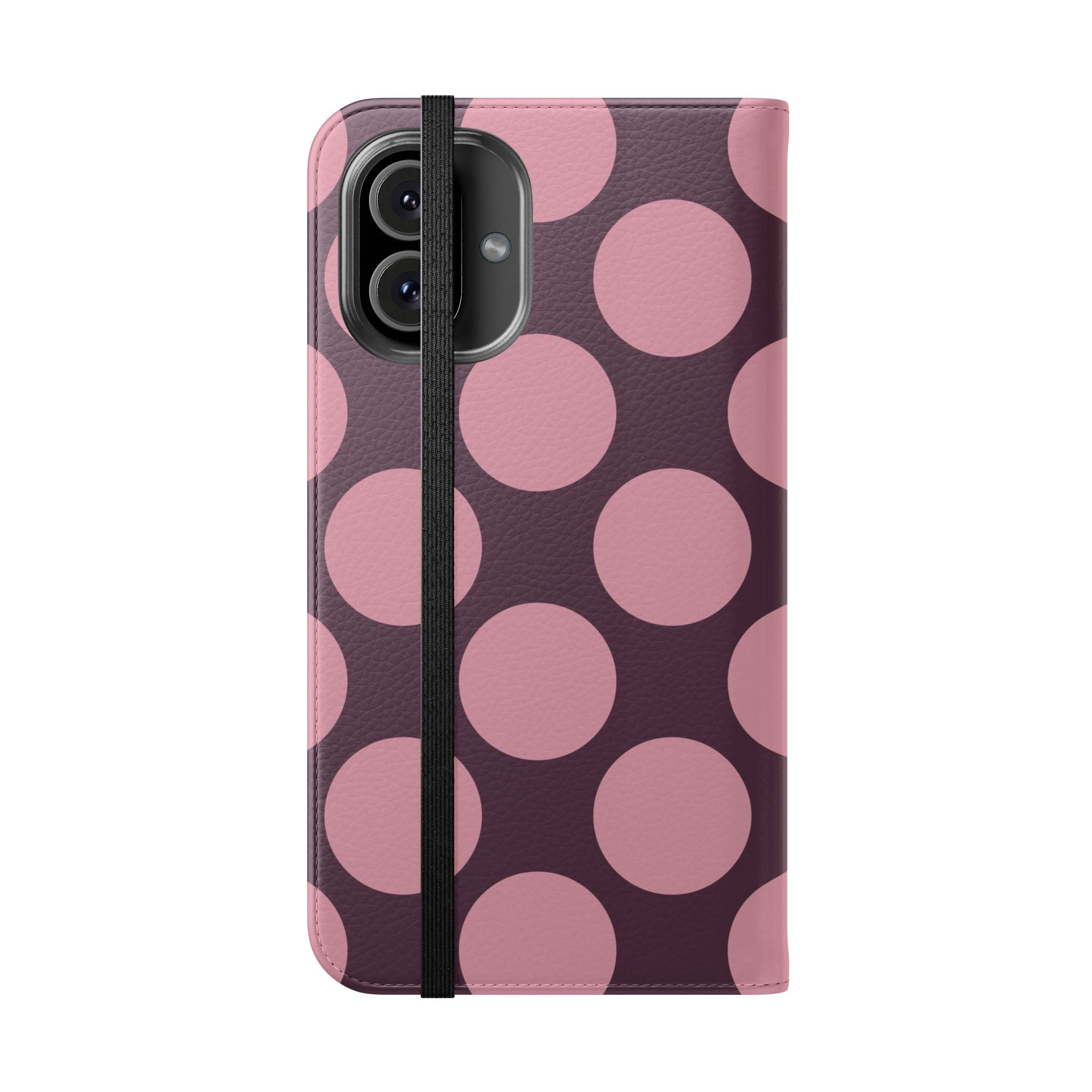 iPhone 16 Plus Vegan Leather Wallet Case – Pink Plum Polka Dot Design - VYIR