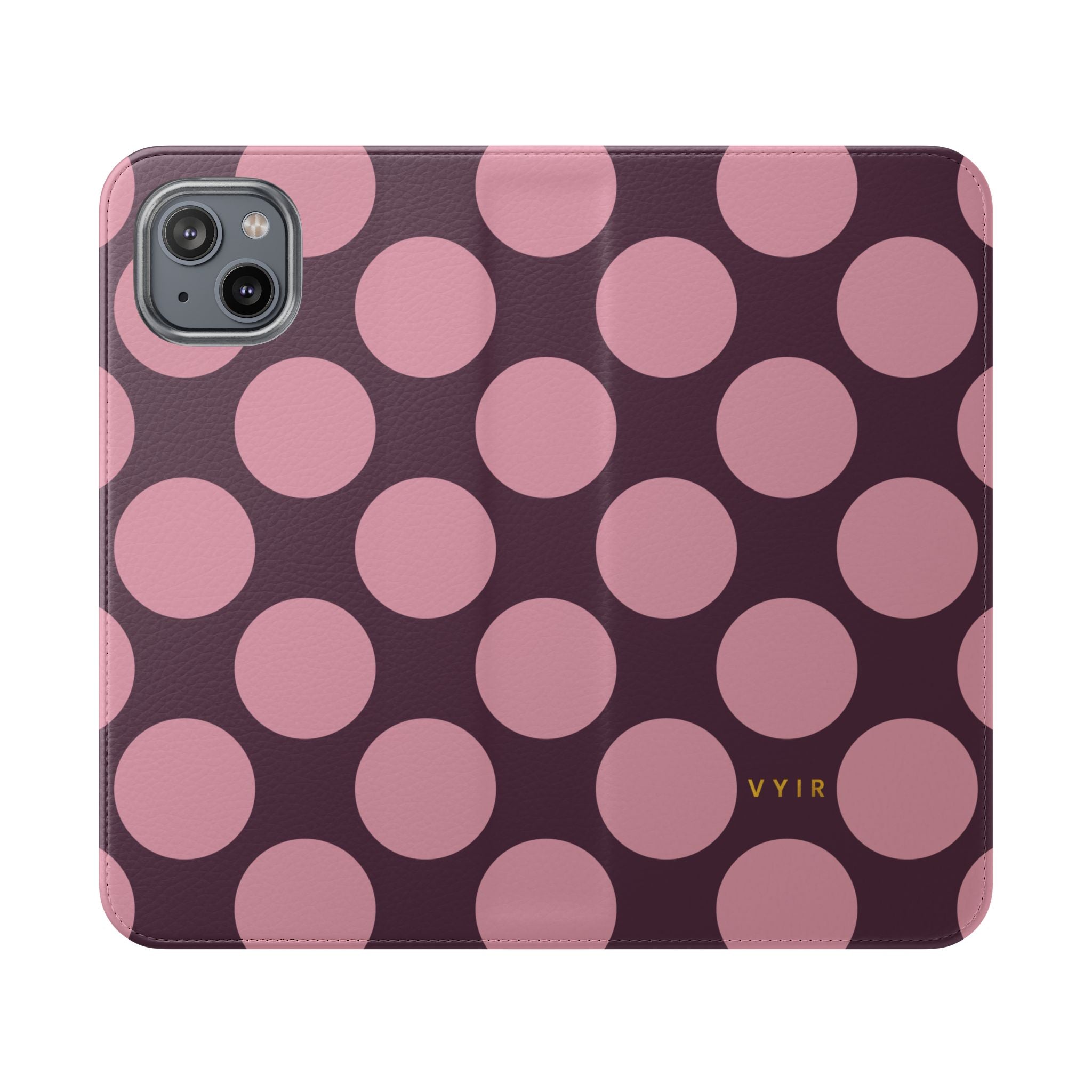 iPhone 14 Plus Vegan Leather Wallet Case – Pink Plum Polka Dot Design - VYIR