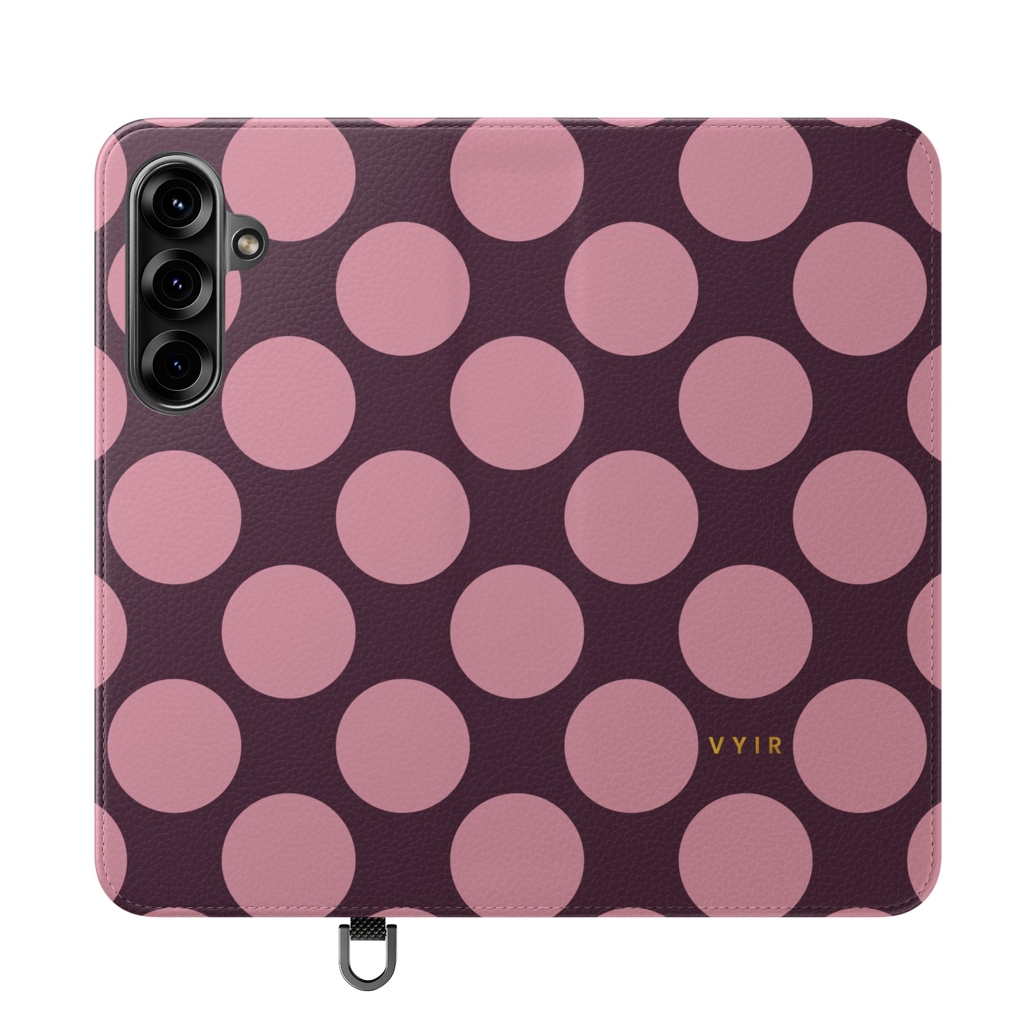 Samsung Galaxy S25 Plus Vegan Leather Wallet Case – Pink Plum Polka Dot Design - VYIR