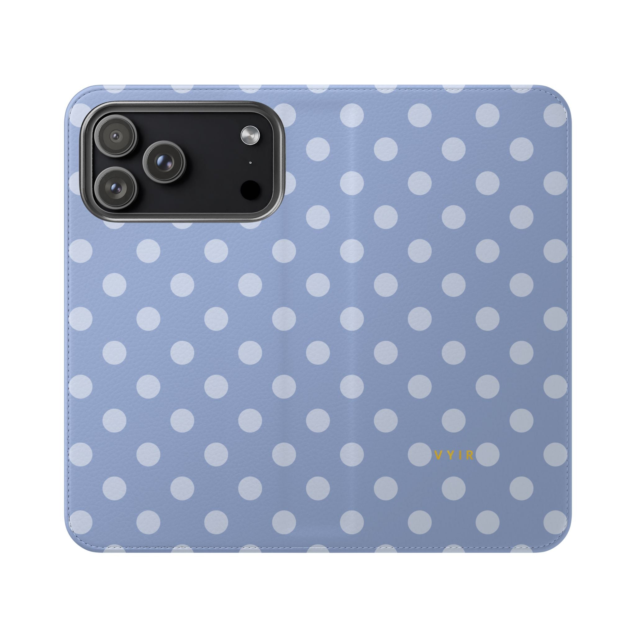 iPhone 17 Pro Max Vegan Leather Wallet Case – Light Blue Polka Dot Design - VYIR