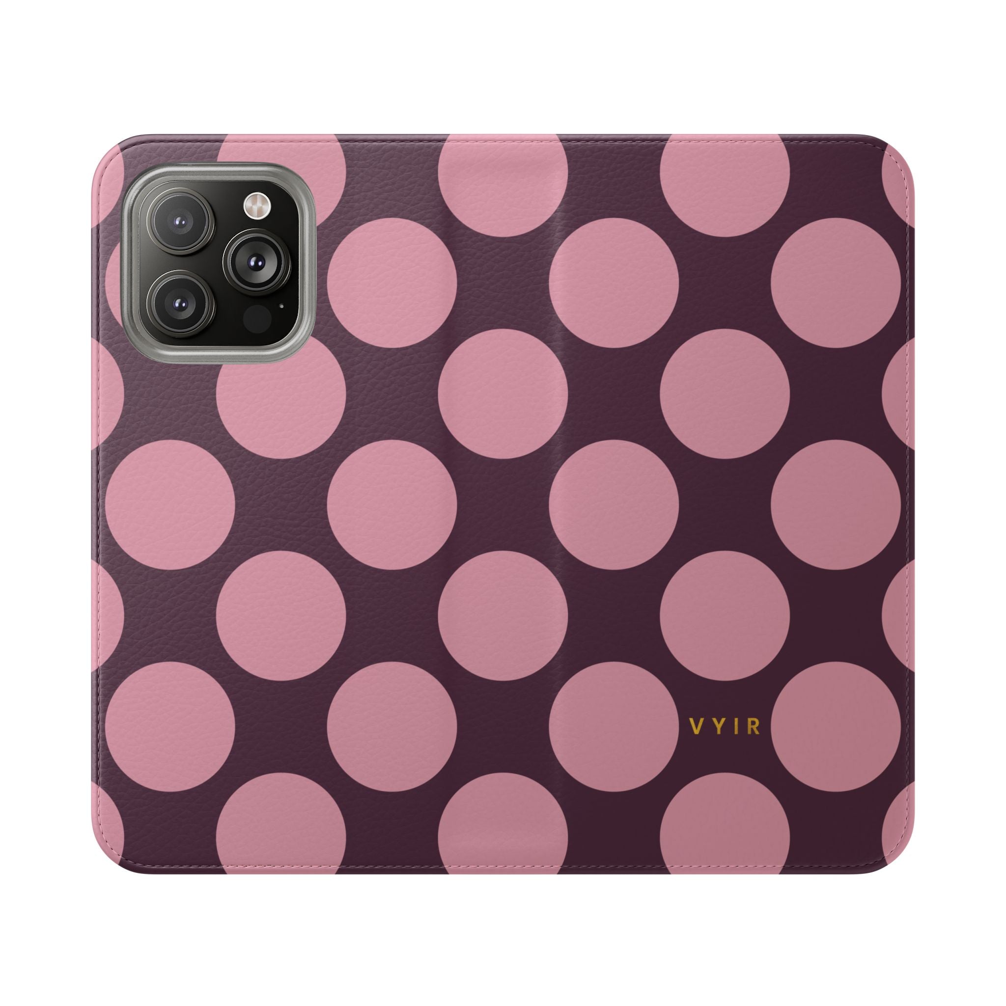 iPhone 14 Pro Max Vegan Leather Wallet Case – Pink Plum Polka Dot Design - VYIR