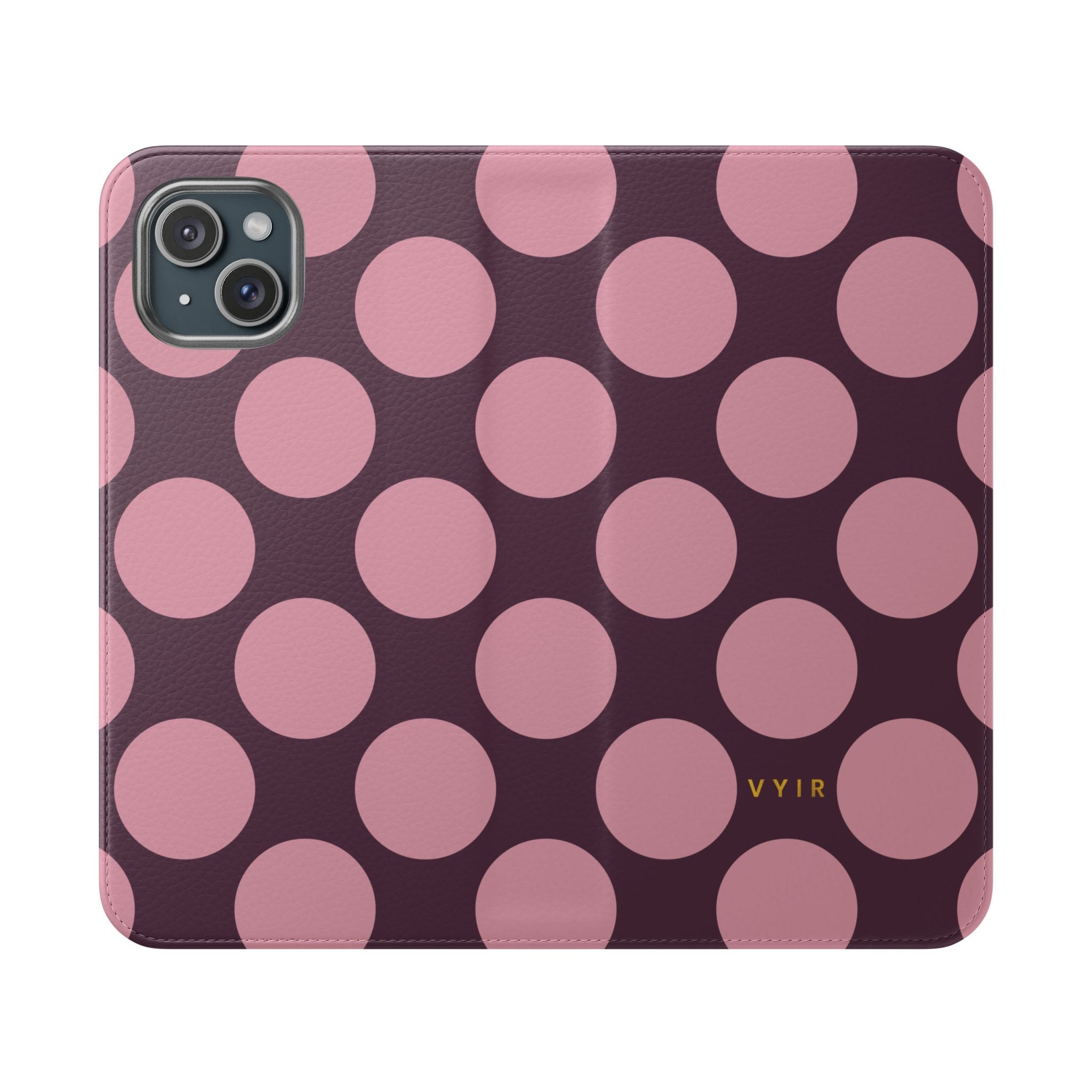 iPhone 15 Plus Vegan Leather Wallet Case – Pink Plum Polka Dot Design - VYIR